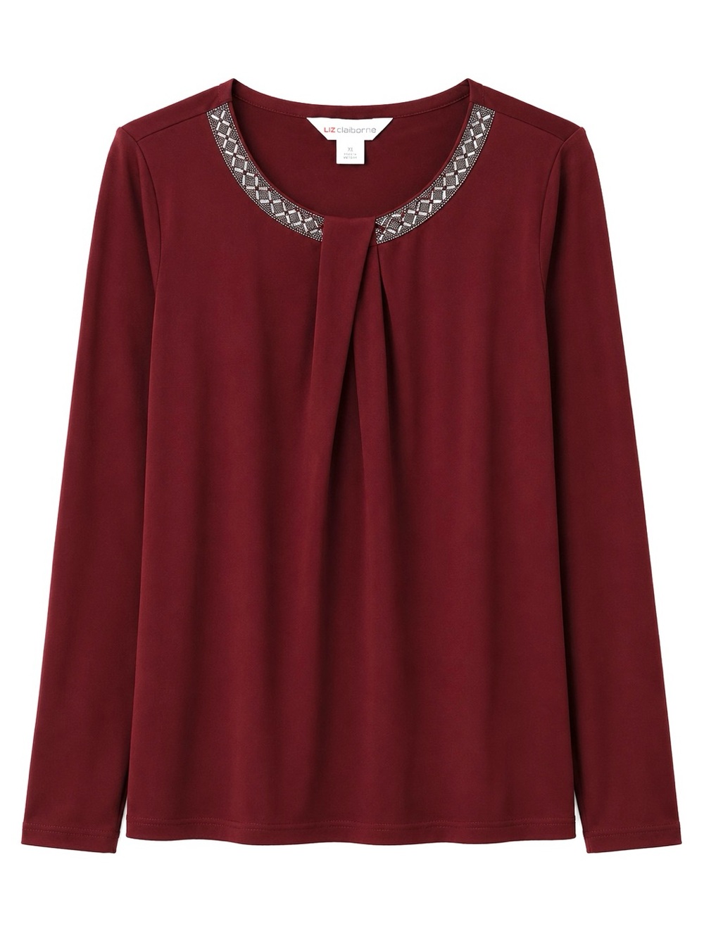 Liz Claiborne Burgundy Beaded Embellished Neckline Long Sleeve Top Size XL